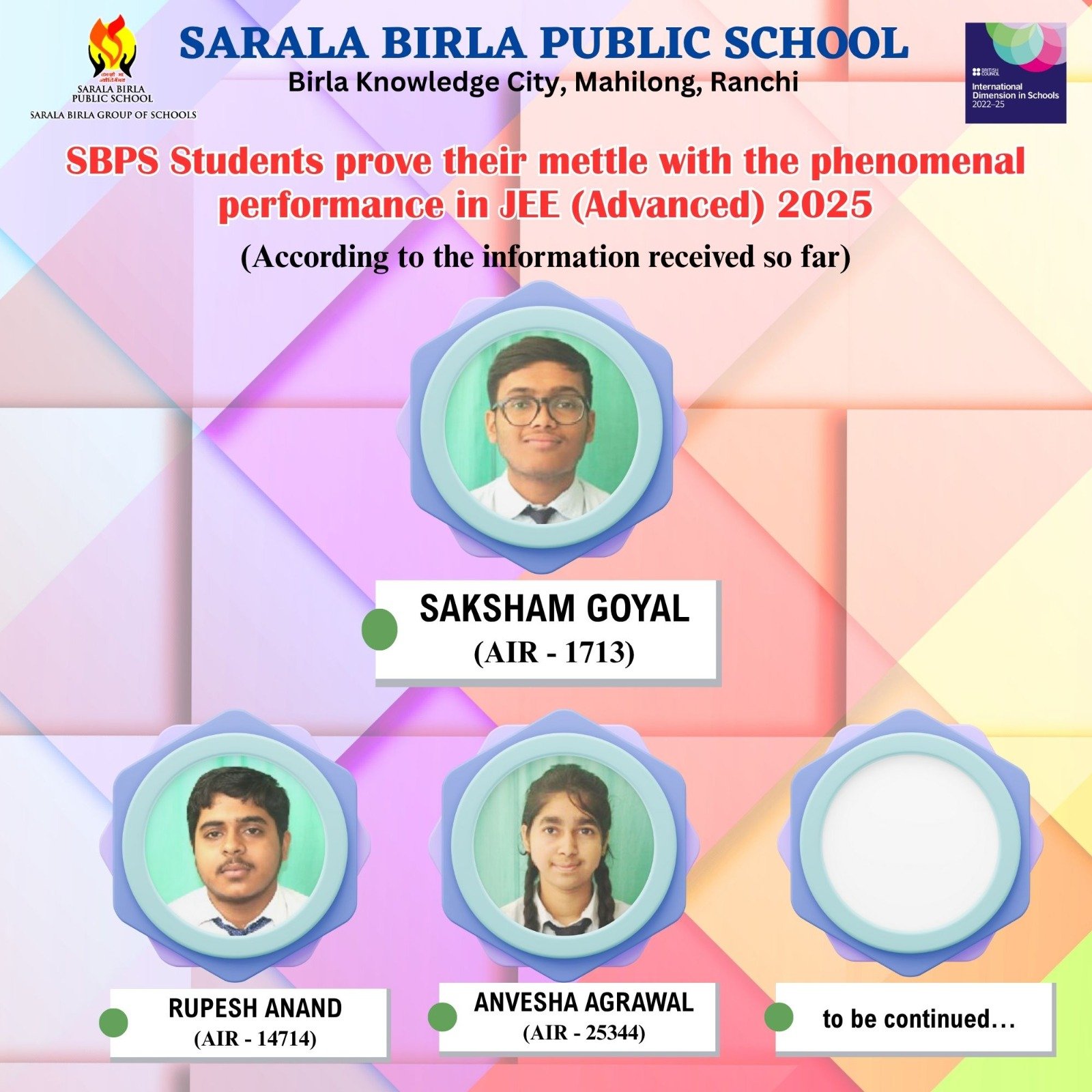 सरला बिरला पब्लिक स्कूल के छात्रों ने जेईई (एडवांस्ड) 2025 में शानदार प्रदर्शन किया